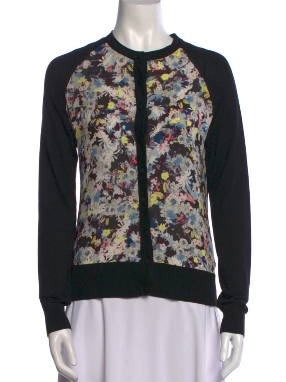ERDEM Women Silk Dorothoy Floral Print Black Knit Cardigan Top Size M